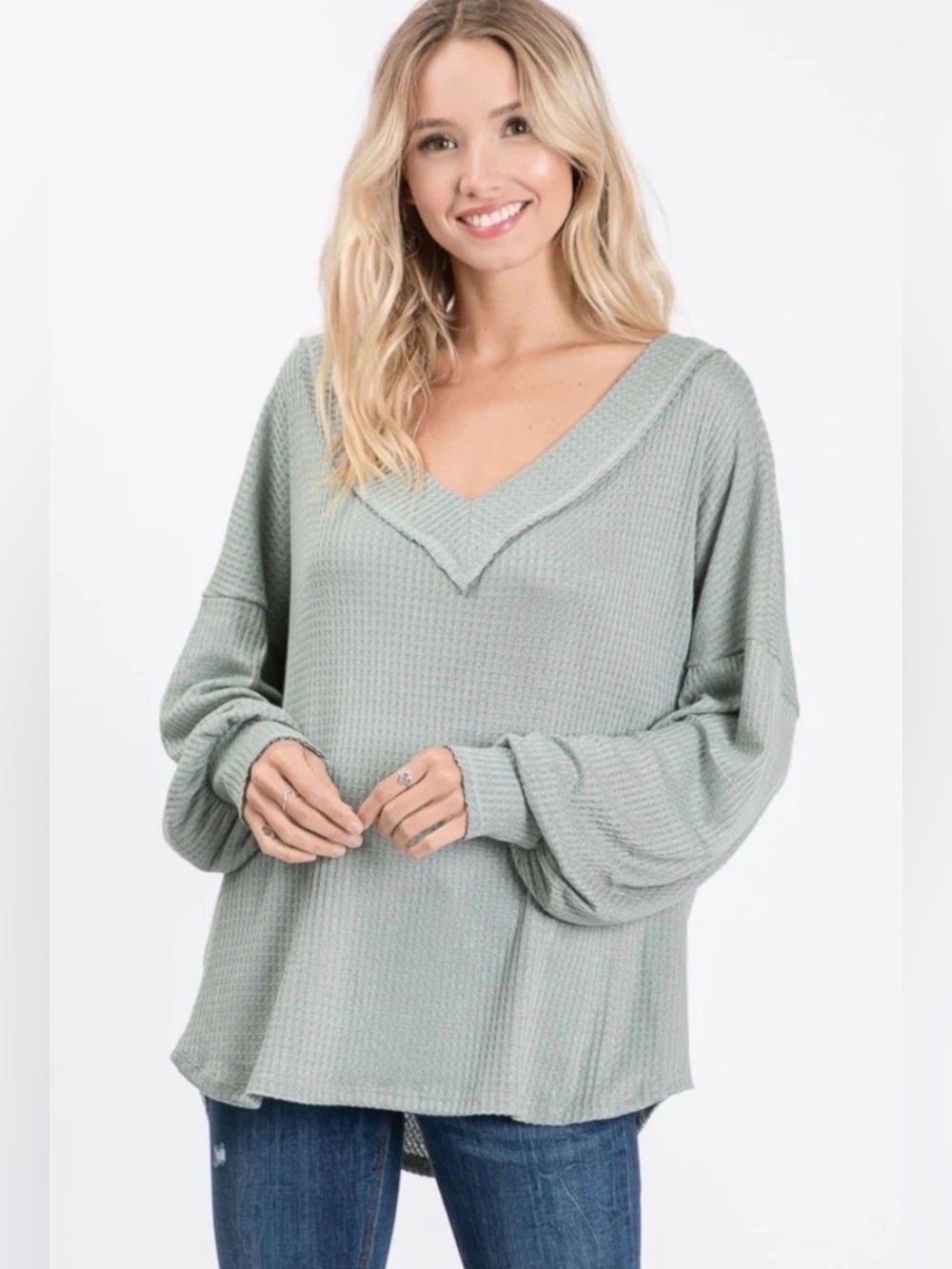 BiBi Light Sage Waffle V-Neck Top
